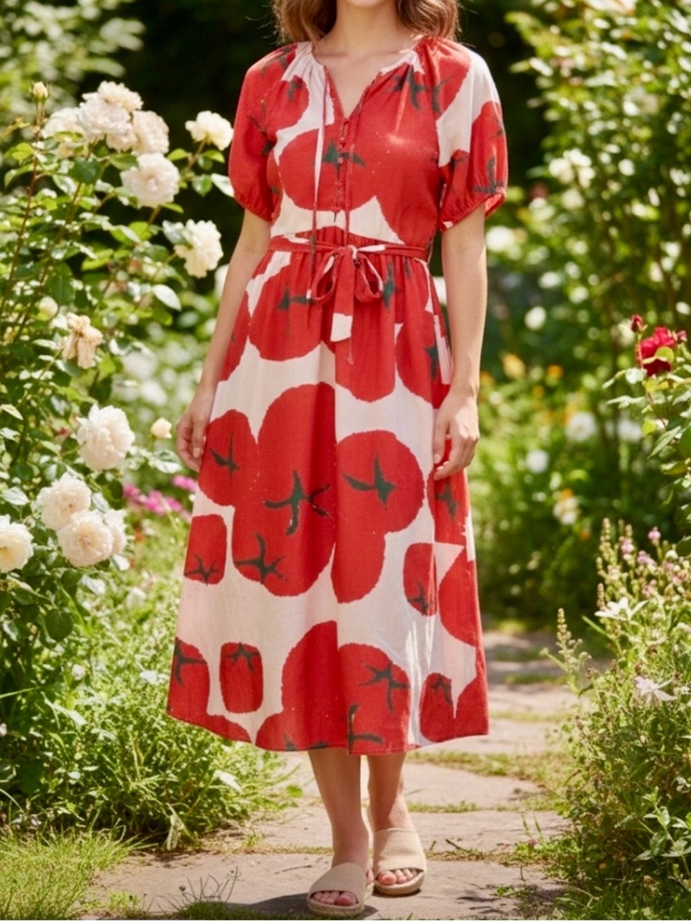 Novelty Tomato Print Midi Dress Flowy Mediterranean Style 1X